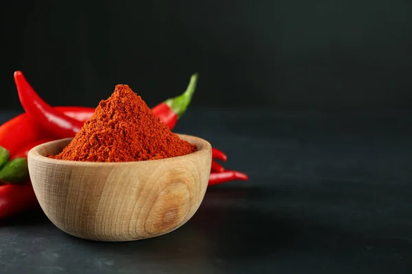 Paprika Powder Fresh Chili Peppers Black Table Space Text — Stockfoto