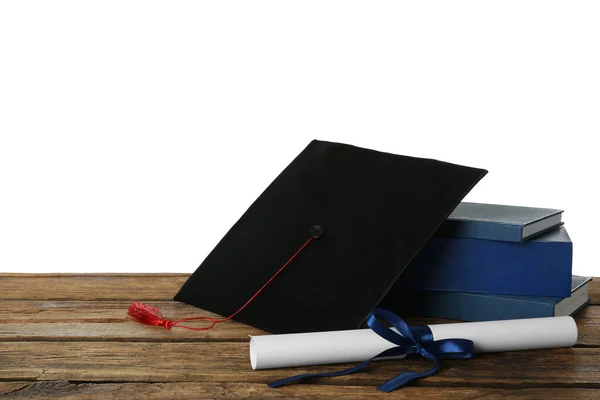 Cappello Laurea Libri Diploma Tavolo Legno Sfondo Bianco Spazio Testo — Foto Stock