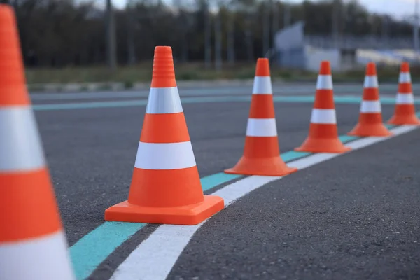 Driving School Test Track Marking Lines Focus Traffic Cone — Stockfoto