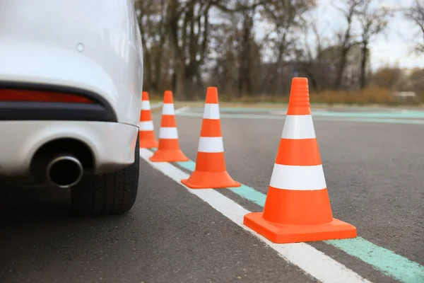 Modern Car Test Track Traffic Cones Closeup Driving School — Stockfoto