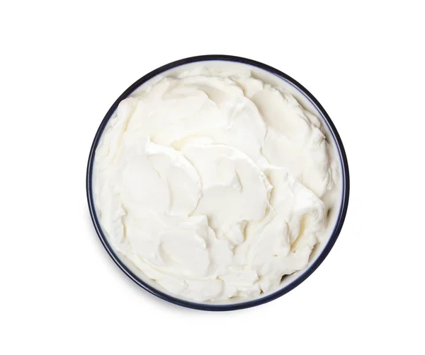 Bol Savoureux Fromage Crème Isolé Sur Blanc Vue Sur Dessus — Photo