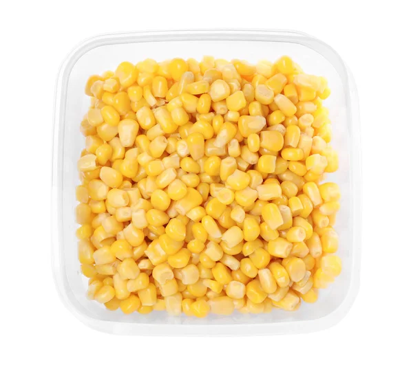 Fresh Corn Kernels Plastic Container Isolated White Top View — 图库照片