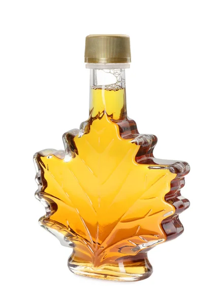 Leaf Shaped Bottle Tasty Maple Syrup Isolated White — Stock Photo, Image