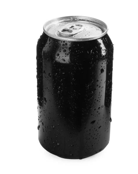 Lata Negra Bebida Energética Con Gotas Agua Aisladas Blanco Burla —  Fotos de Stock