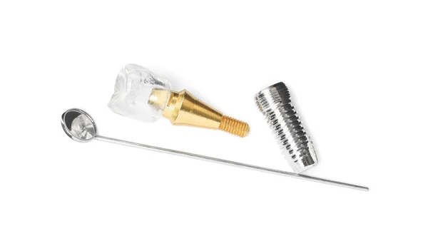Peças Implante Dentário Espelho Sobre Fundo Branco Vista Superior — Fotografia de Stock