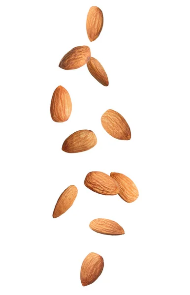 Many Tasty Almonds Falling White Background — Stock Photo, Image
