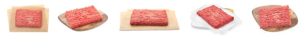 Set Con Carne Fresca Picada Cruda Sobre Fondo Blanco Diseño —  Fotos de Stock