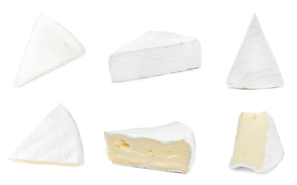 Set Tasty Brie Cheese White Background — Stockfoto
