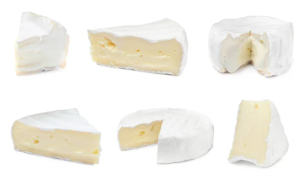 Set Con Sabroso Queso Brie Sobre Fondo Blanco — Foto de Stock