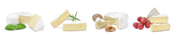 Set Tasty Brie Cheese White Background Banner Design — Foto Stock