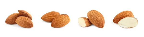 Set Tasty Almond Nuts White Background Banner Design — Stock Photo, Image