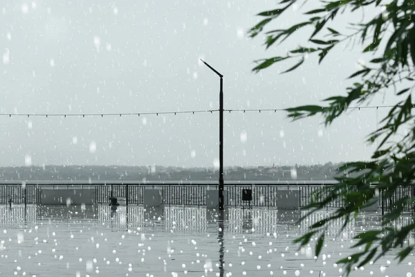 Empty City Embankment Rainy Day Hail — Stockfoto