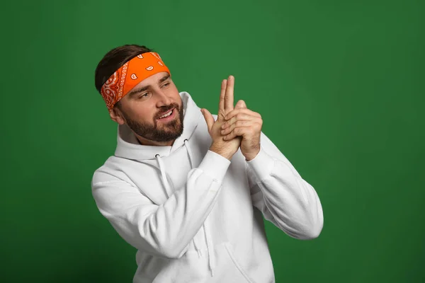 Fashionable Young Man Stylish Outfit Bandana Green Background — Stock Photo, Image