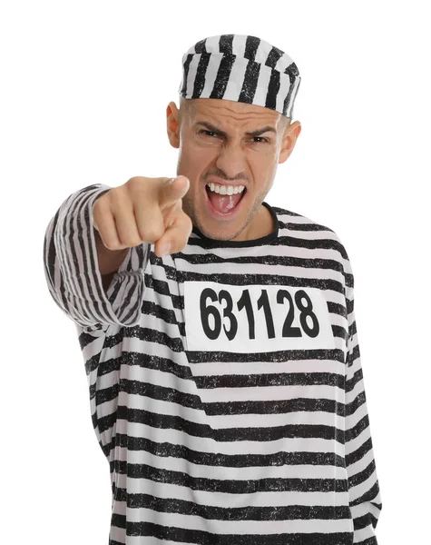 Emotional Prisoner Striped Uniform Pointing Camera White Background — Stockfoto