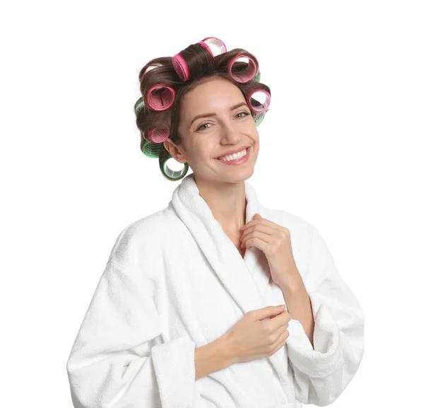 Mulher Bonita Roupão Banho Com Encrespadores Cabelo Fundo Branco — Fotografia de Stock