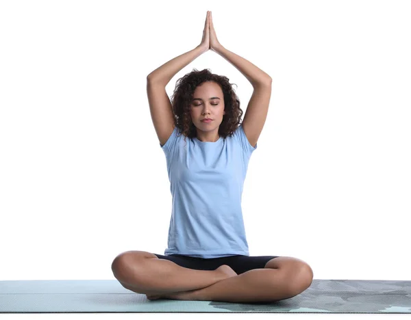 Beautiful African American Woman Meditating Yoga Mat White Background — 图库照片