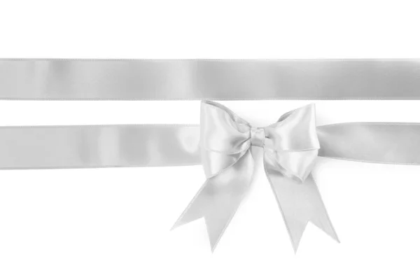Silberne Satinbänder Mit Schleife Auf Weißem Hintergrund Ansicht Von Oben — Stockfoto