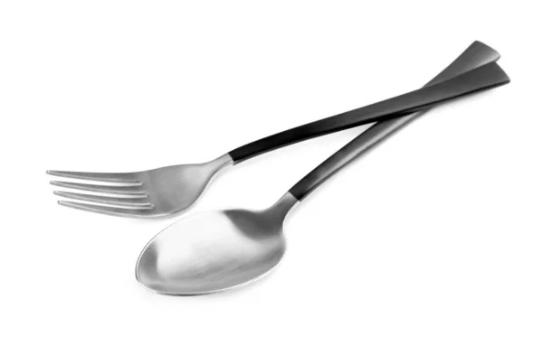 New Fork Spoon Black Handles White Background — Stock Photo, Image