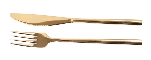 New Shiny Golden Fork Knife White Background Top View — Stock Photo, Image