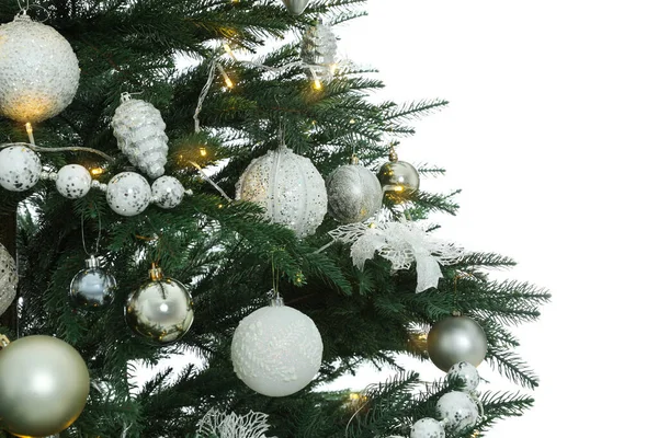 Kerstboom Met Mooie Decoraties Witte Achtergrond Close — Stockfoto