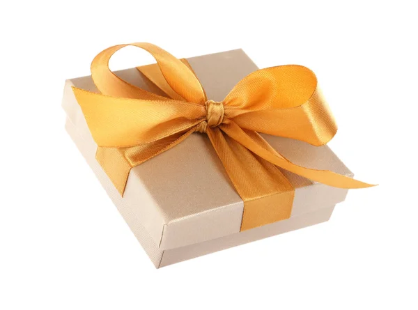 Beautiful Gift Box Golden Ribbon Bow White Background — 图库照片