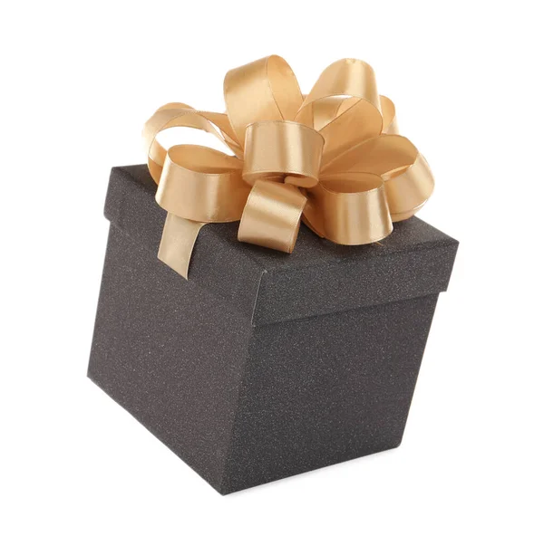 Beautiful Black Gift Box Golden Bow White Background — 图库照片