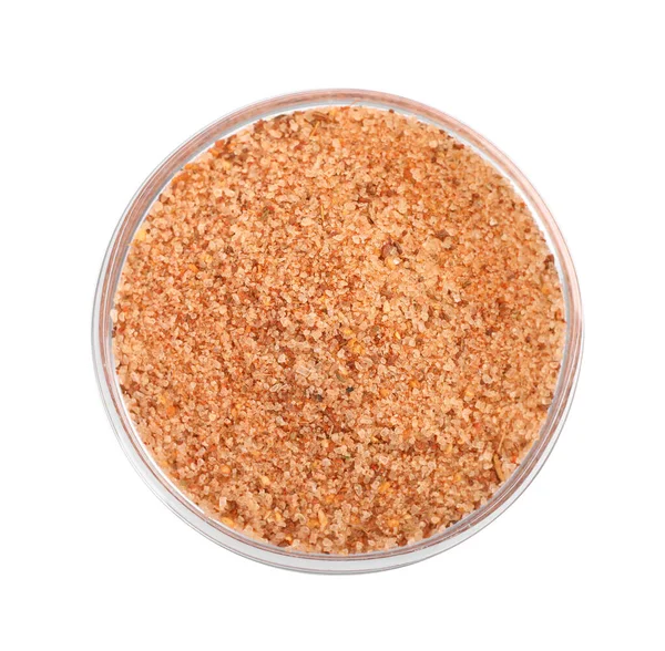 Pink Salt Spices Glass Bowl Isolated White Top View — Foto Stock