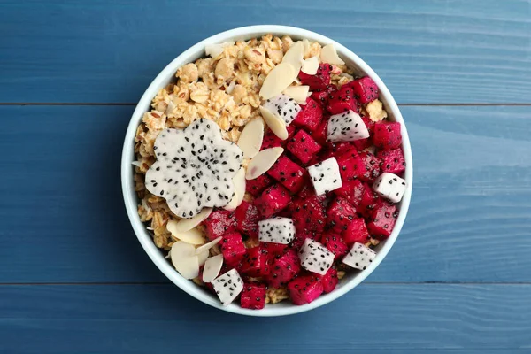Bowl Granola Pitahaya Almond Petals Blue Wooden Table Top View — 图库照片