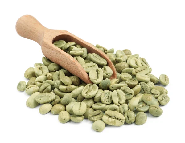 Houten Primeur Met Groene Koffiebonen Witte Achtergrond — Stockfoto