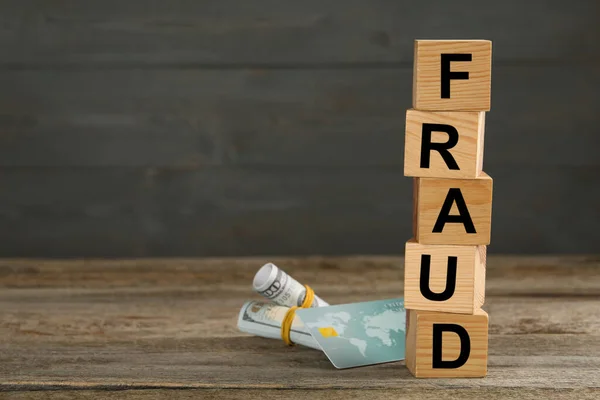 Cubes Word Fraud Credit Card Money Wooden Table Space Text — Stock Photo, Image