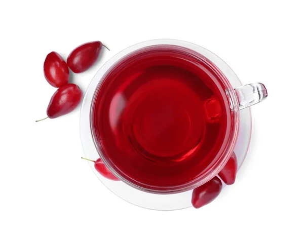 Glass Cup Fresh Dogwood Tea Berries White Background Top View — Stock Photo, Image