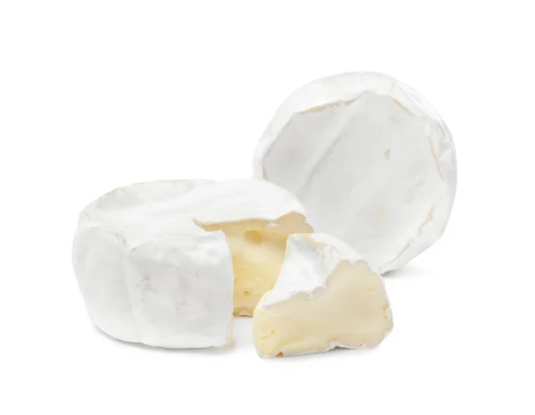 Tasty Cut Whole Brie Cheeses White Background — Stock Photo, Image