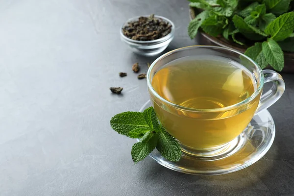 Cup Hot Aromatic Mint Tea Grey Table Space Text — Stock Photo, Image