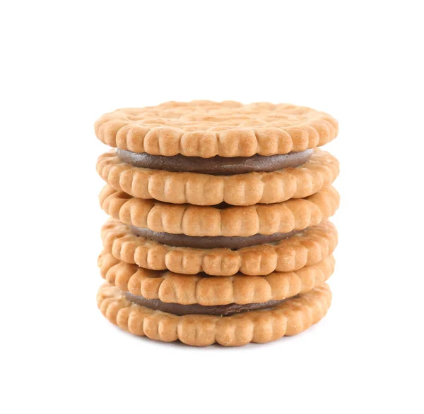 Montón Sabrosas Galletas Sándwich Con Crema Chocolate Sobre Fondo Blanco —  Fotos de Stock