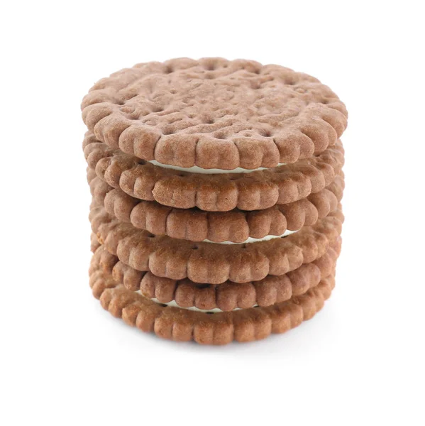 Stack Tasty Chocolate Sandwich Cookies White Background — Stock Photo, Image