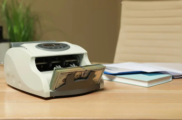 Modern Banknote Counter Money Wooden Table Indoors Space Text — Fotografia de Stock