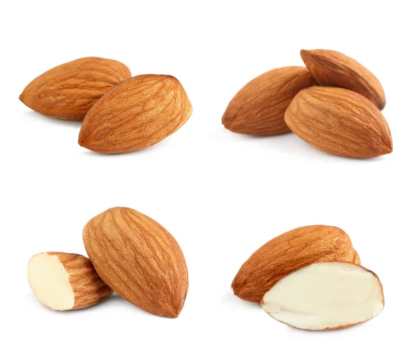 Set Avec Savoureuses Amandes Sur Fond Blanc — Photo