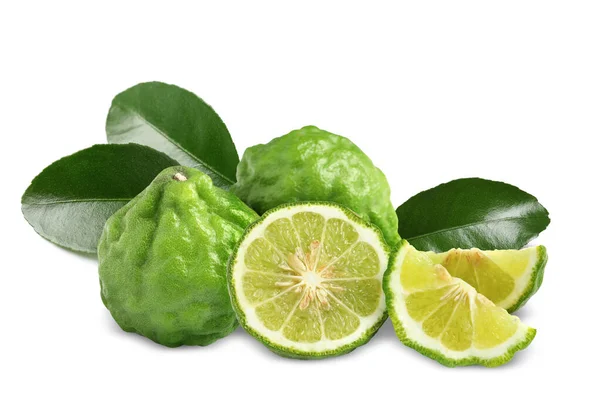 Fresh Ripe Bergamot Fruits Green Leaves White Background — Stock Photo, Image