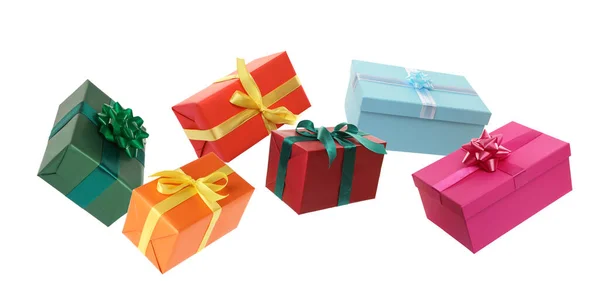 Beautifully Wrapped Gift Boxes Flying White Background — Foto Stock