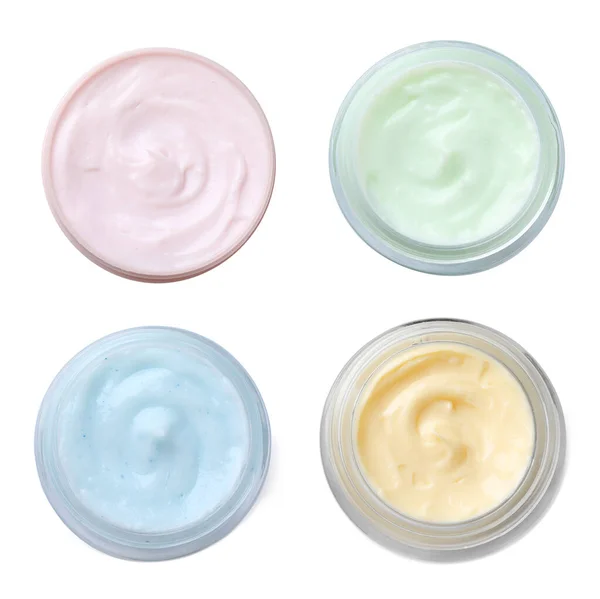 Set Jars Body Cream White Background Top View — Foto Stock