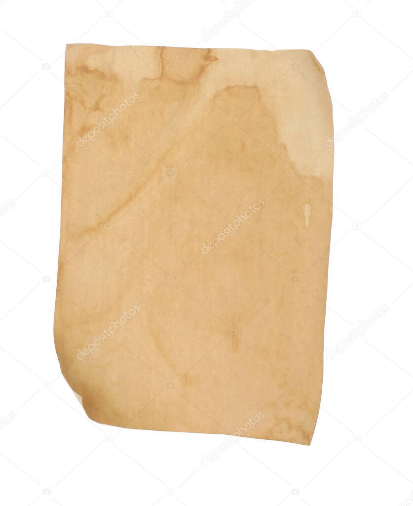 Sheet of old parchment paper isolated on white. Space for design