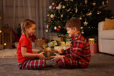 Evde Noel ağacının yanında hediye kutusu olan şirin çocuklar.