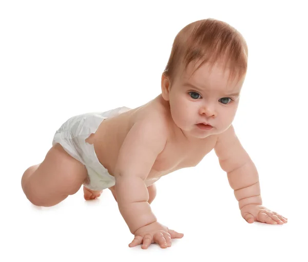 Carino Piccolo Bambino Strisciando Sfondo Bianco — Foto Stock