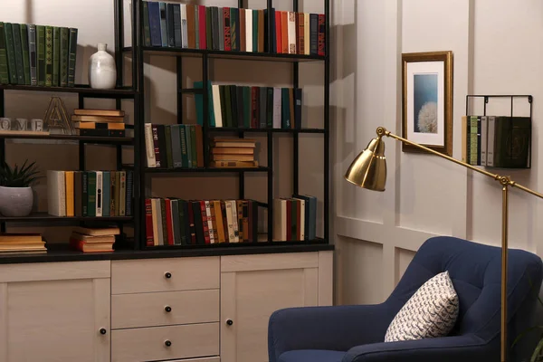 Acogedor Interior Biblioteca Casera Con Colección Diferentes Libros Estantes Lugar — Foto de Stock