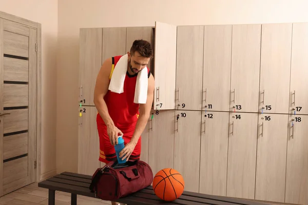 Handsome Man Taking Shaker Sports Bag Locker Room — Stock Photo, Image