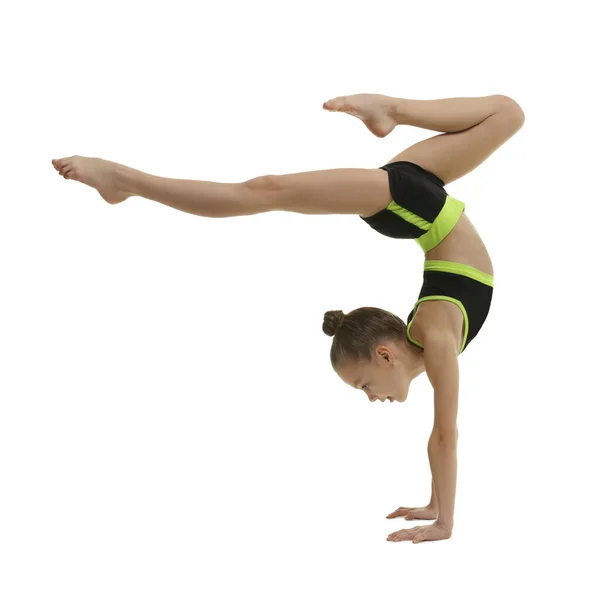 Lindo Pequeño Gimnasta Haciendo Handstand Sobre Fondo Blanco —  Fotos de Stock