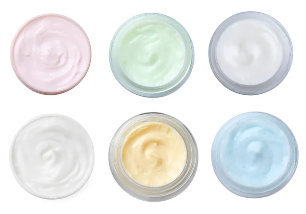 Set Jars Body Cream White Background Top View — Stock Photo, Image