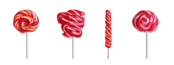 Set Tasty Colorful Lollipops White Background Banner Design — Stockfoto