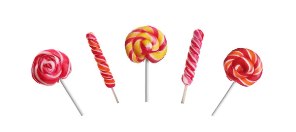 Set Tasty Colorful Lollipops White Background Banner Design — Stockfoto