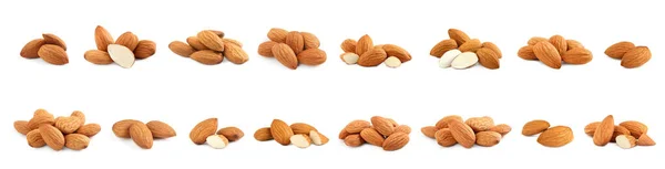 Set Tasty Almond Nuts White Background Banner Design — Stock Photo, Image